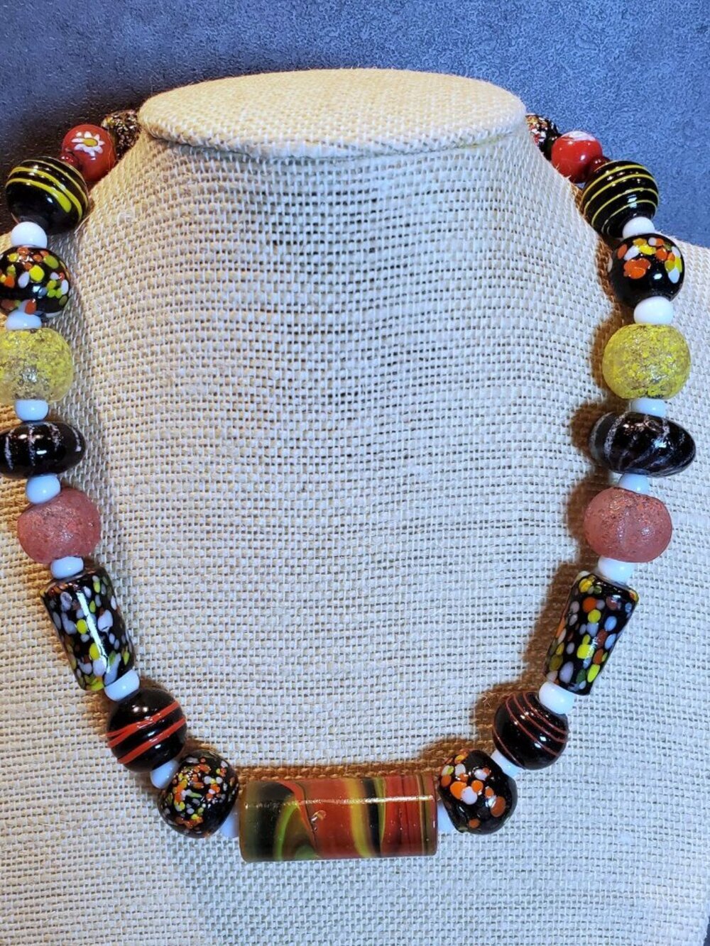 New Vintage 90s Y2K India Artisan Glass Beads Black Multi Necklace OOAK Style N